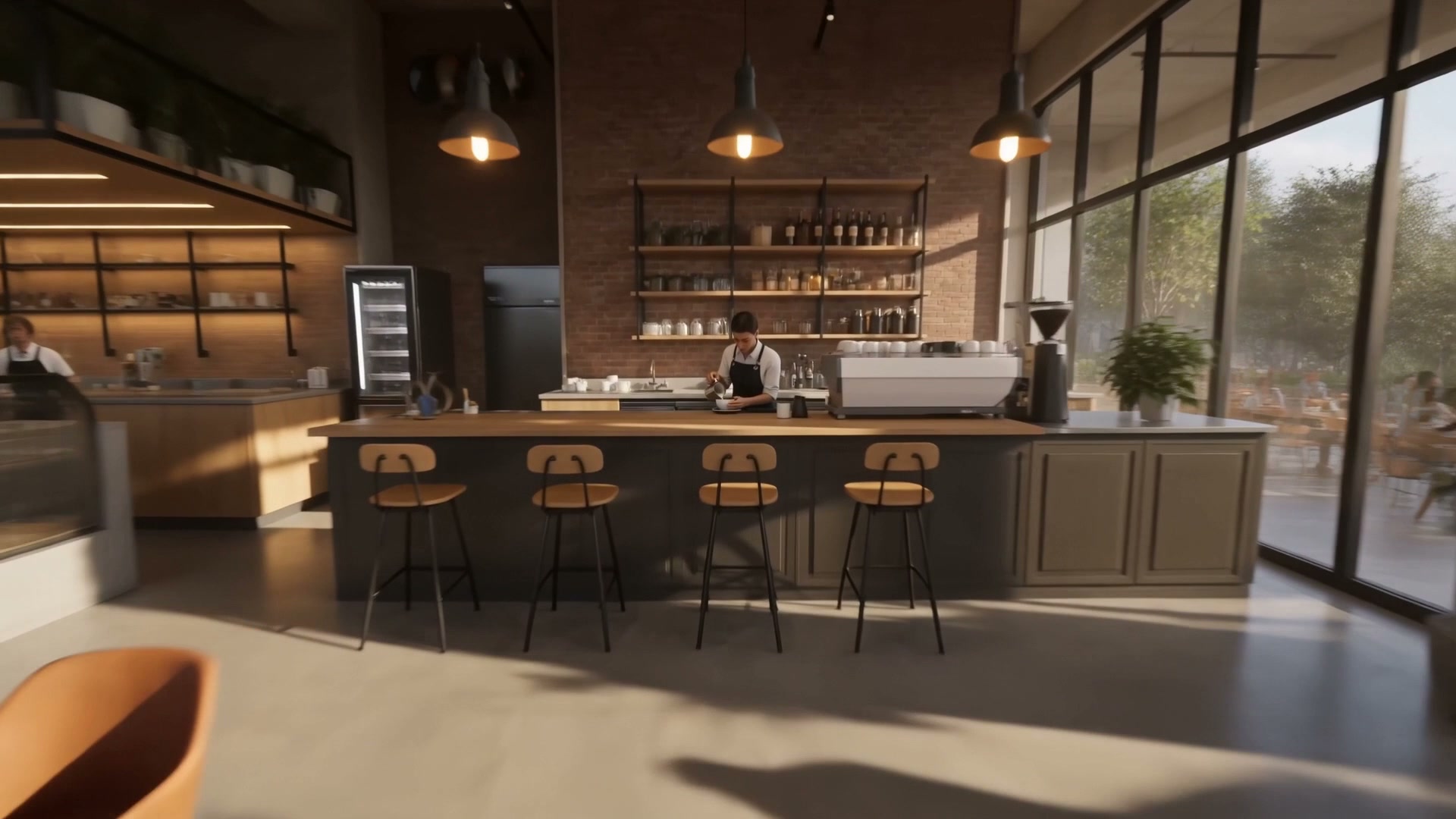 The bar, oak counter and espresso machine in warm light