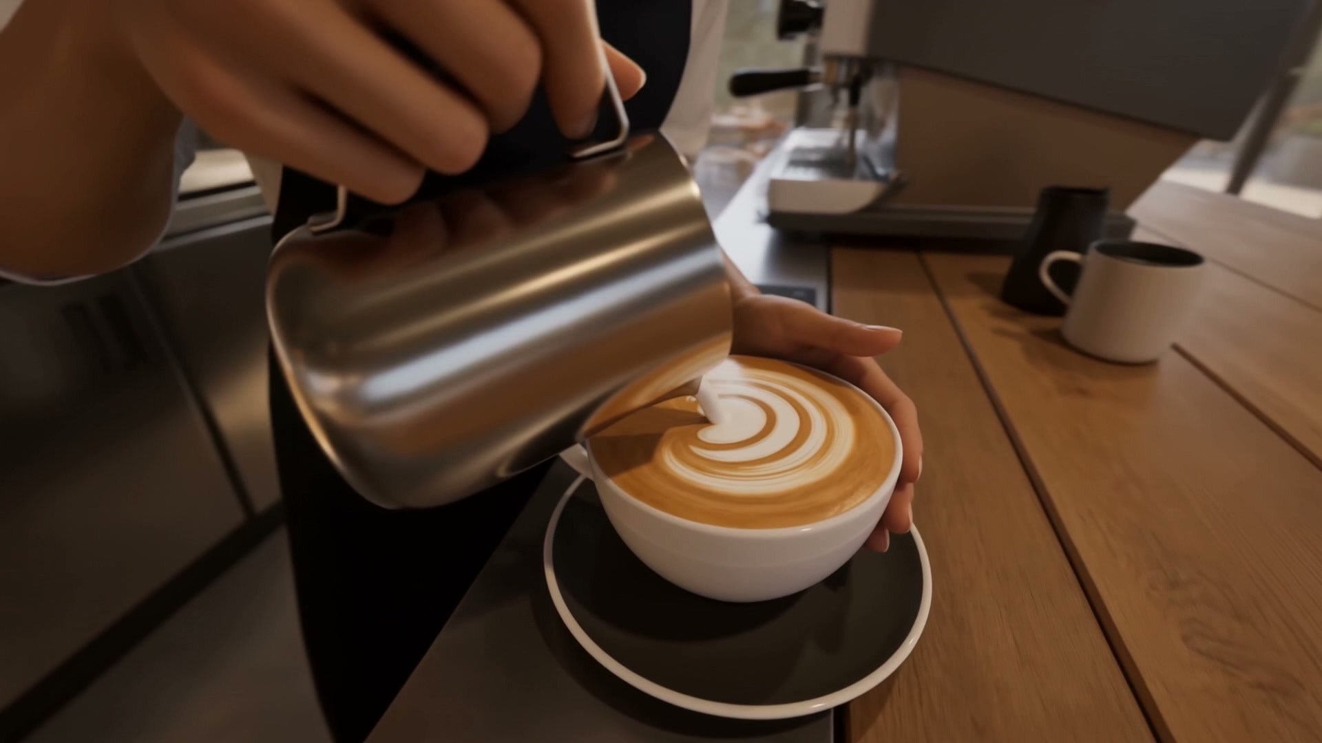 A barista pouring steamed milk into a flat white as the latte art forms