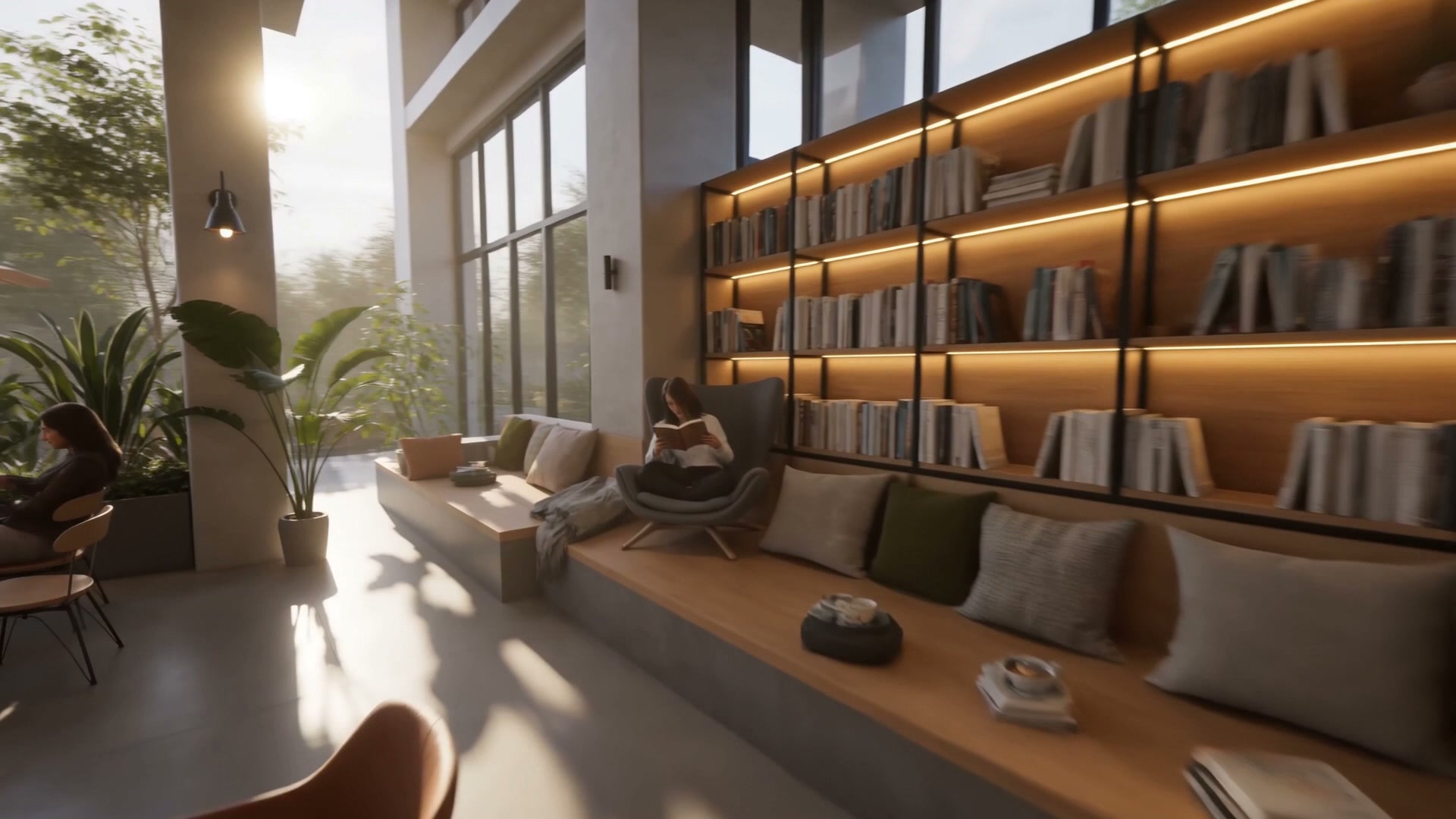 A lit bookshelf wall with a long cushioned bench beneath it